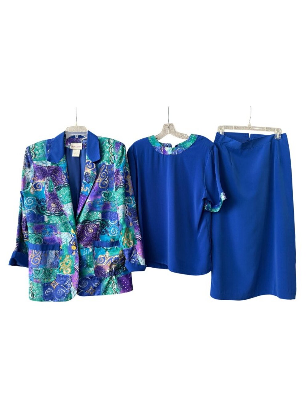 Vintage 80s Pierre Lamonte 3 pc Skirt Suit Blazer Blouse Gold Abstract Print 10